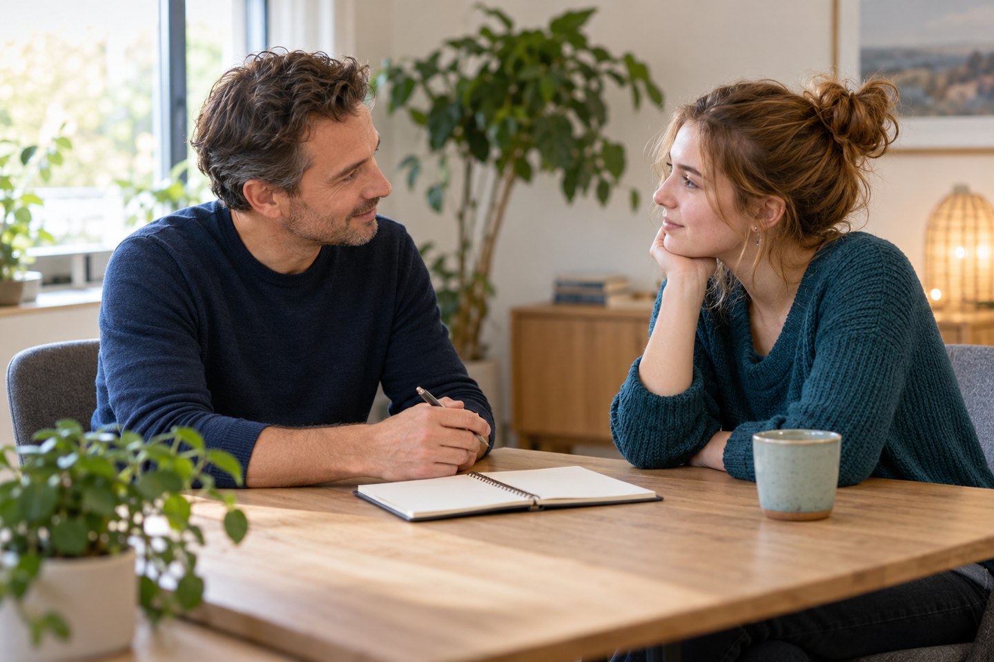 Sfeerbeeld: een coach en een jongvolwassene voeren een rustig gesprek over persoonlijke doelen.