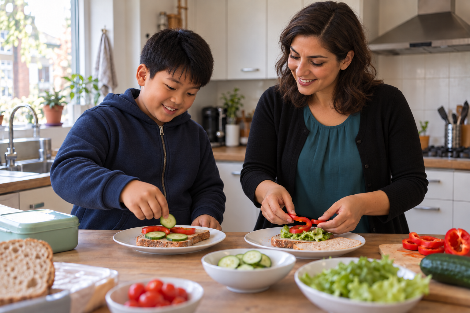 Sfeerbeeld: een jongen en een begeleider bereiden samen de lunch voor.