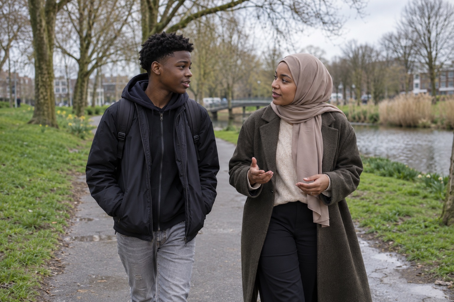 Sfeerbeeld: een jongere wandelt met een begeleider met hoofddoek in het park.