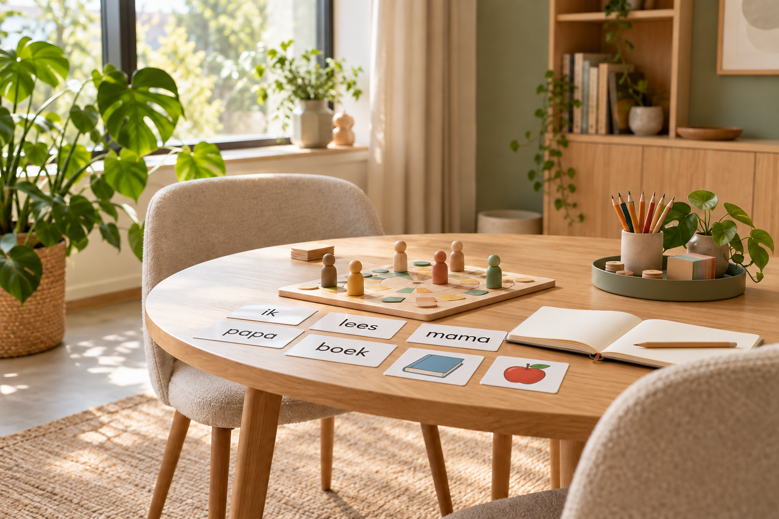 Sfeerbeeld: een rustige ruimte met een houten tafel, spel, creatieve materialen en leeskaartjes.