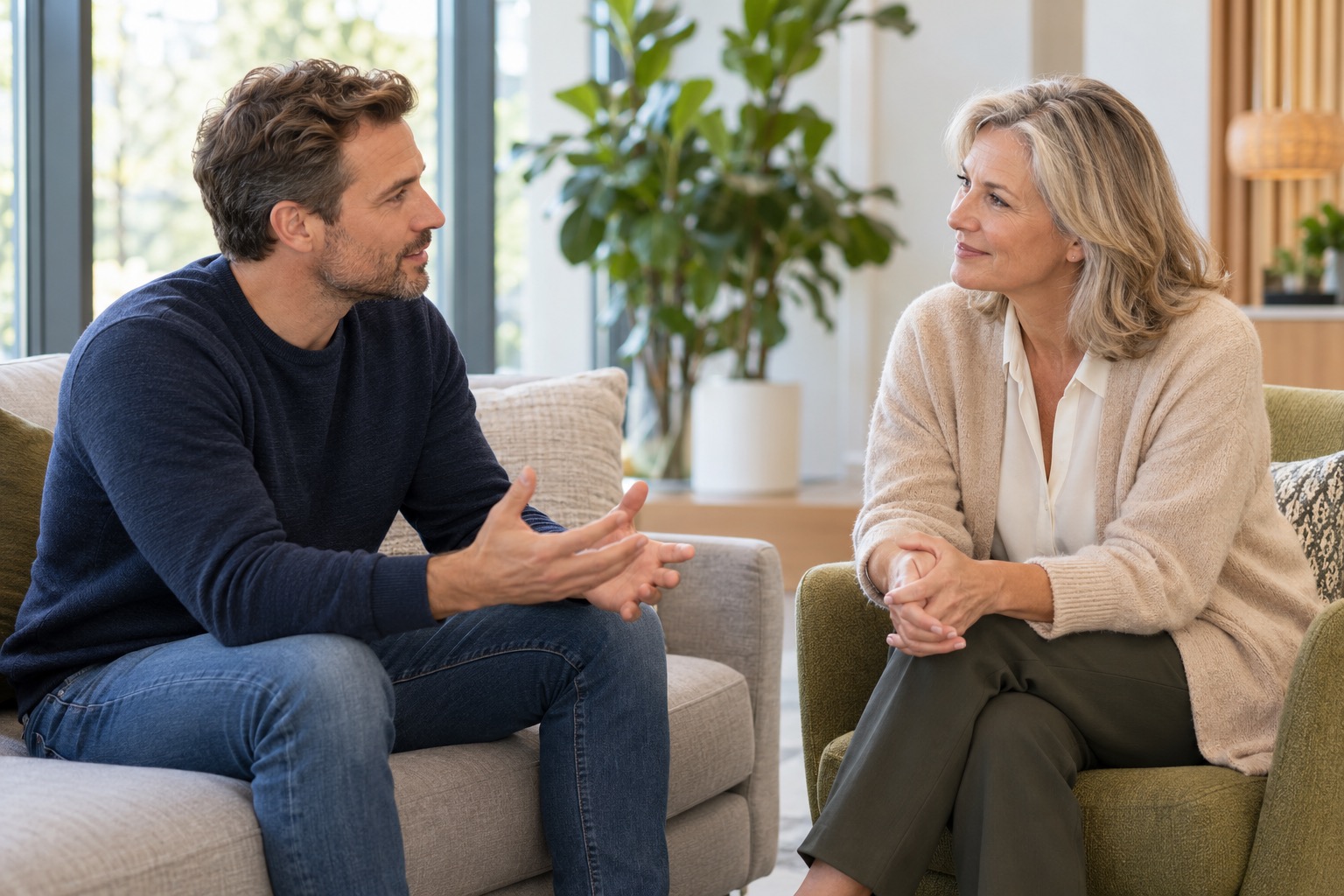 Sfeerbeeld: een cliënt bespreekt zijn ervaring met een medewerker in een rustige zithoek.