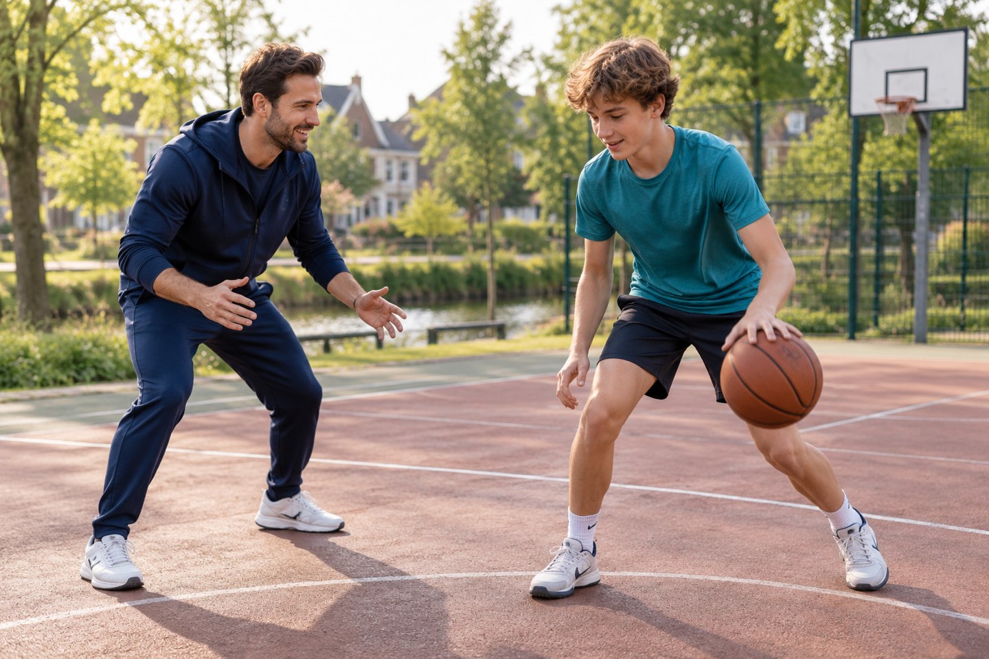 Sfeerbeeld: een sportcoach begeleidt een jongere bij een baloefening.